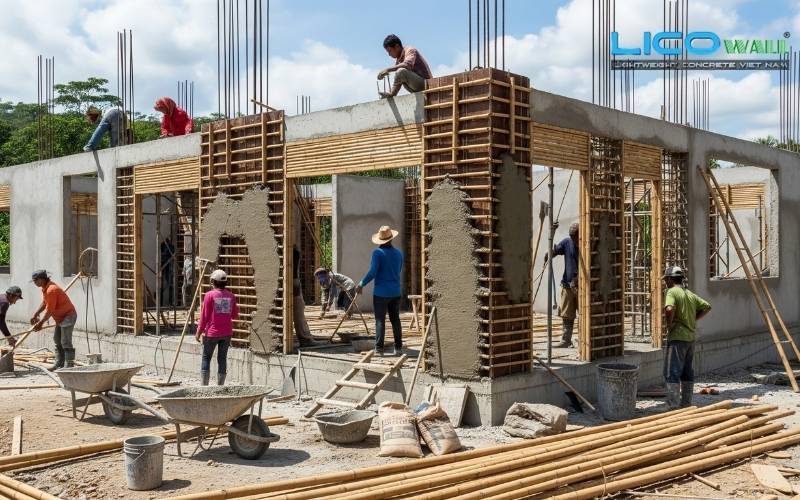  thi công nhà bằng bê tông cốt tre
