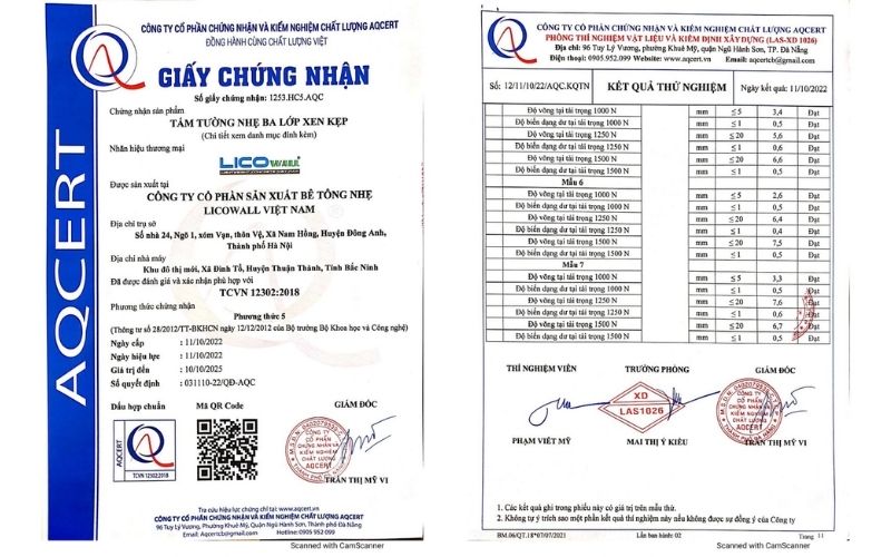 Giấy chứng nhận chất lượng bê tông eps của LICO WALL