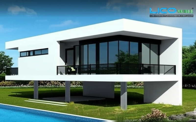 Mẫu nhà sàn bê tông phong cách resort – Có hồ bơi và sân cỏ