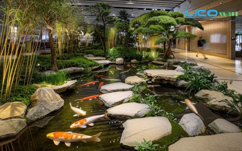 Mẫu nhà sàn bê tông kết hợp sân vườn - decor tiểu cảnh, hồ cá trong nhà